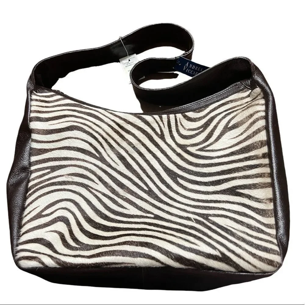 Andrea Viccaro Italy Zebra Calf Hair Tote Bag NWT Genuine Leather 13” BrownWhite